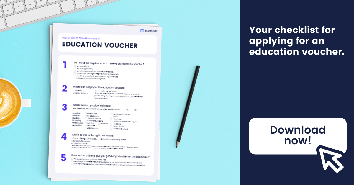 A checklist for applying for an education voucher. StackFuel's checklist provides useful tips for your interview with the employment agency or job center.