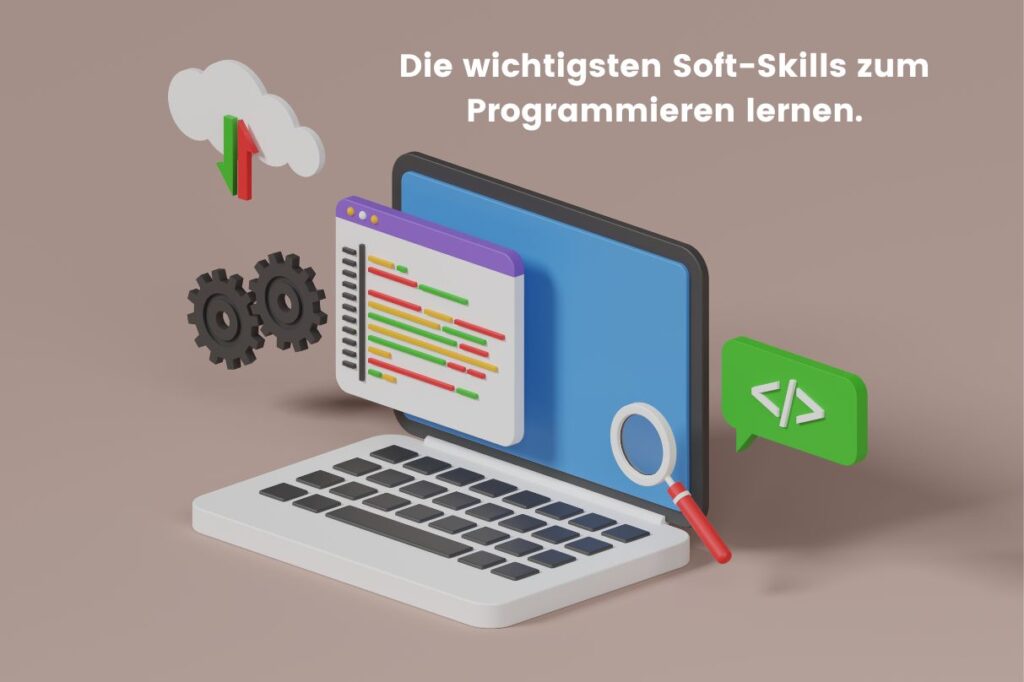 Stockimage with laptop, magnifying glass and lines of code and the caption "The most important soft skills to learn programming".