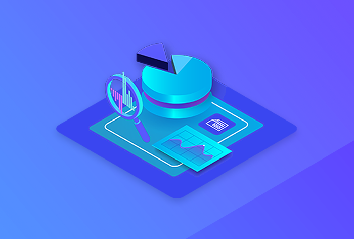 Modern isometric digital workspace with 3D pie chart and tools in blue and purple hues.