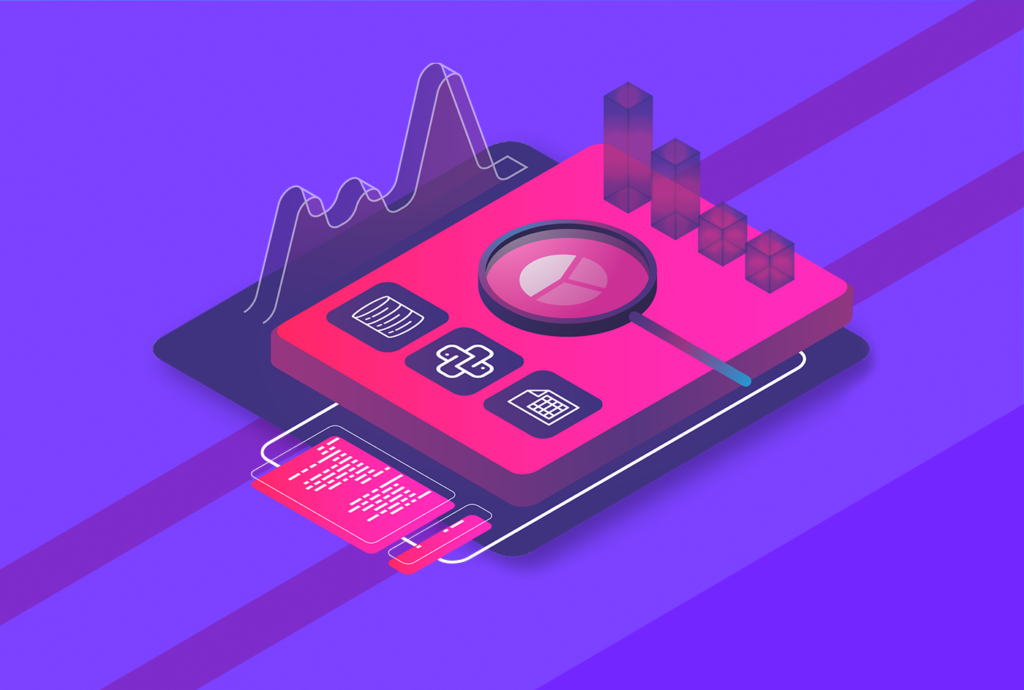 Isometric data analysis dashboard with magnifying glass and security features on purple background.
