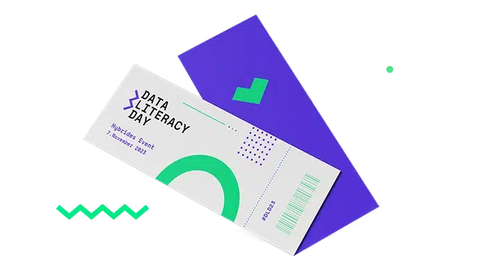 2023 Data Literacy Day ticket with pastel design and data icons, perfect for professional events.