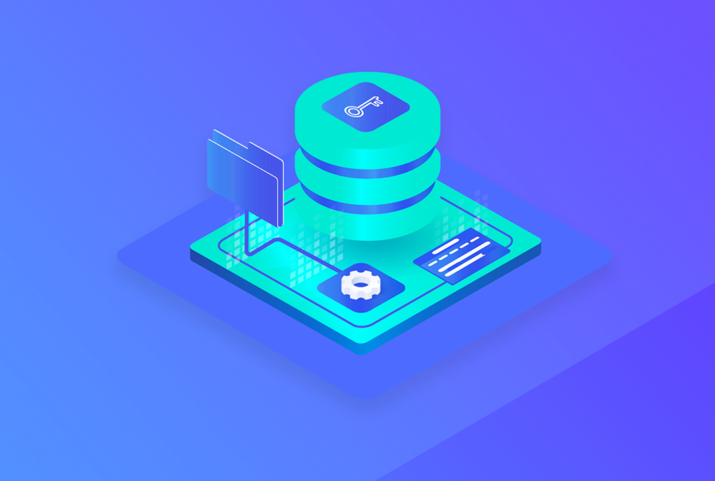 Isometric illustration of digital data servers with financial analytics on a blue gradient background.
