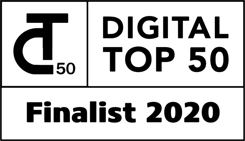 2020 Digital Top 50 Finalist logo in sleek black and white design.