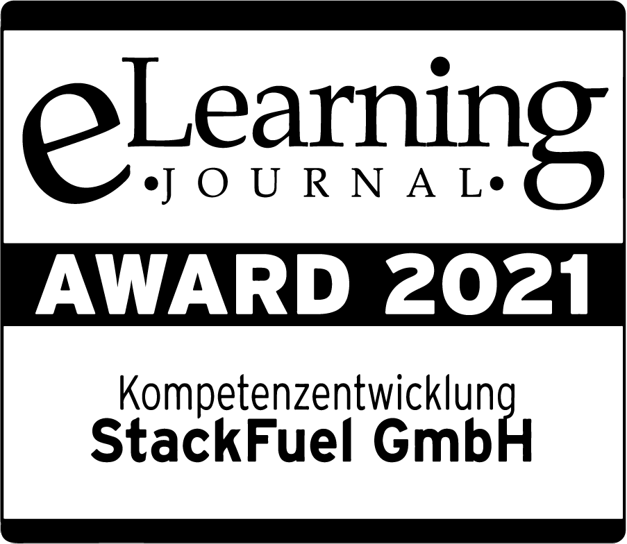 2021 eLearning Journal Award for StackFuel GmbH in competence development, black and white design.