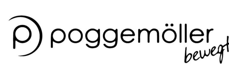Poggemöller logo in black and white, featuring dynamic abstract graphics and modern sans-serif typography.