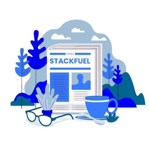 Illustration of a newspaper titled STACKFUEL in a serene, blue-themed scholarly setting.