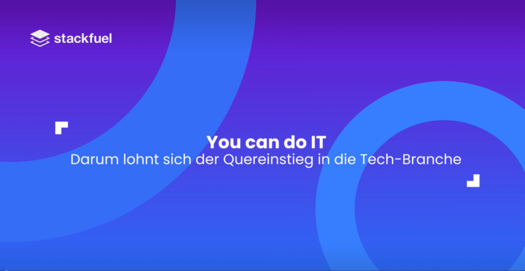 Stackfuel inspires tech careers with motivational text on a vibrant purple and blue background.
