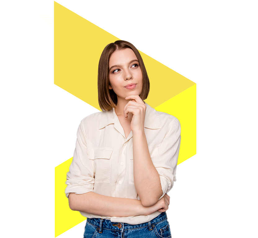 Pensive young woman in stylish outfit with modern yellow geometric accent.