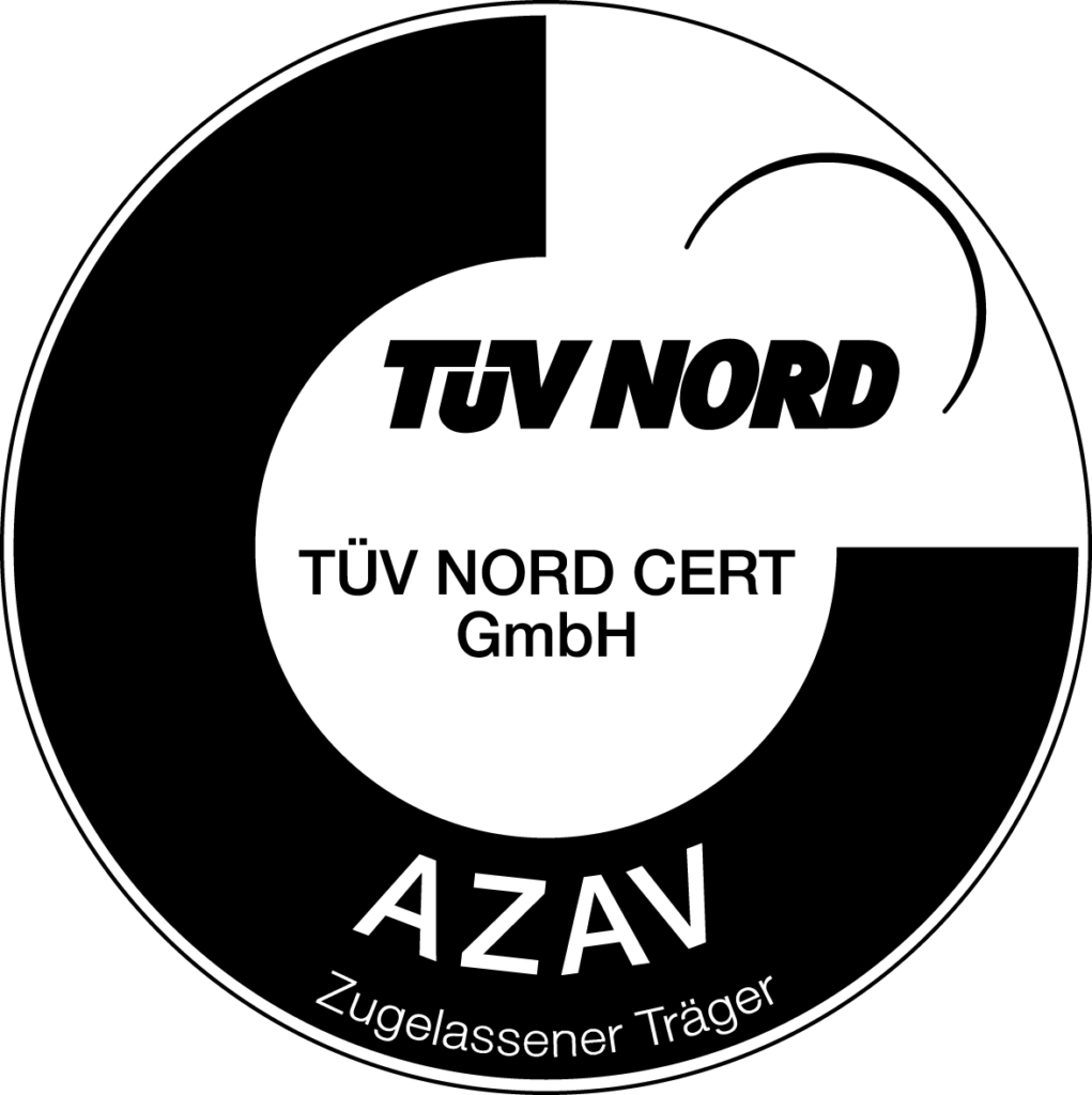 TÜV NORD CERT GmbH AZAV accreditation emblem in black and white.