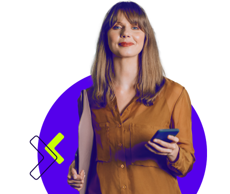 Professional woman in orange demonstrates tech on phone, purple background with yellow accents.