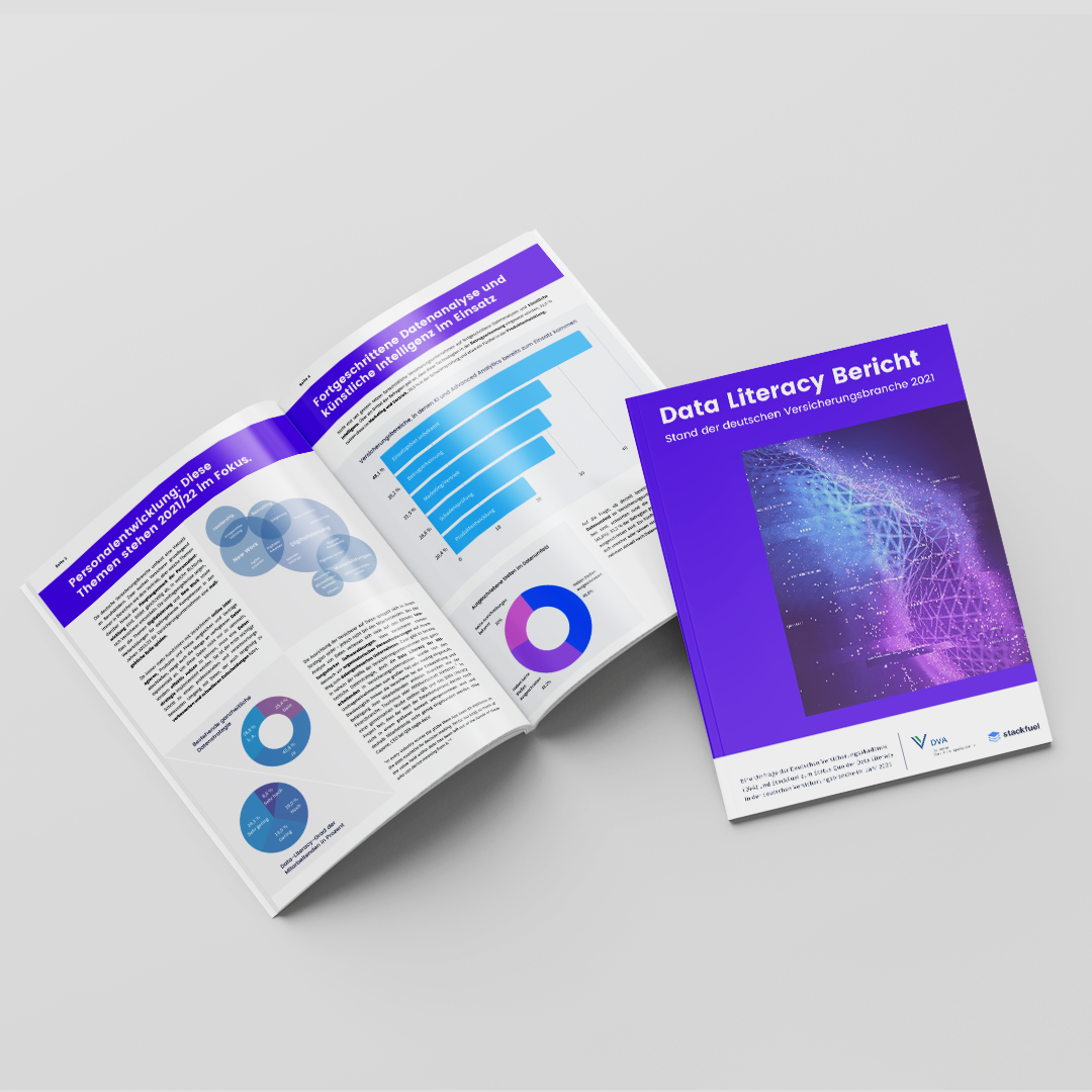2023 Data Literacy Insights report with charts on purple cover, displayed on gray background.