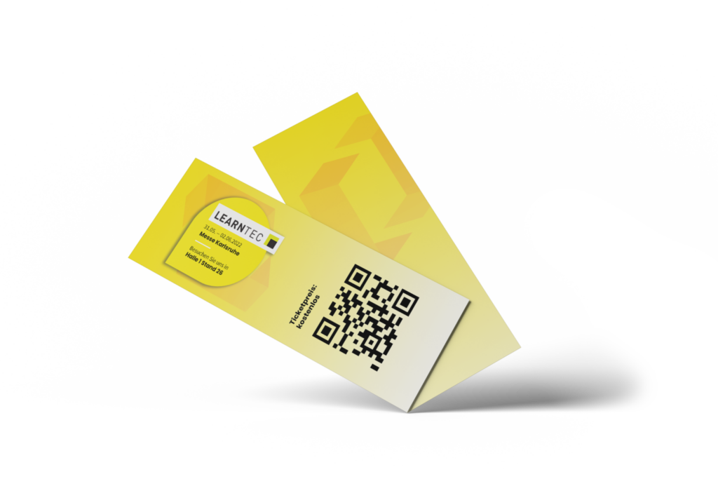 Yellow event tickets with QR code and geometric design on a black background.