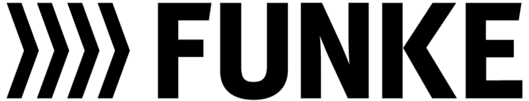 Bold FUNKE logo with right-pointing chevrons in a striking black and white design.