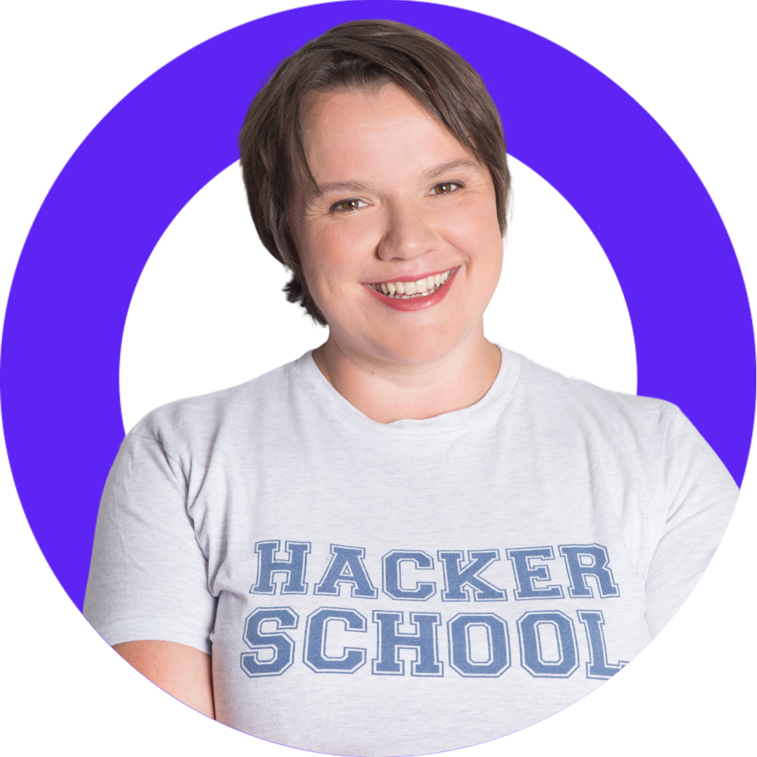 Middle-aged woman in Hacker School tee smiles warmly, framed by a purple border.