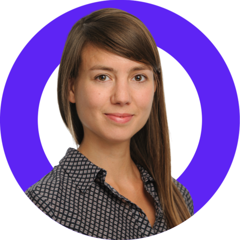 Confident professional woman with modern purple and blue circular background.