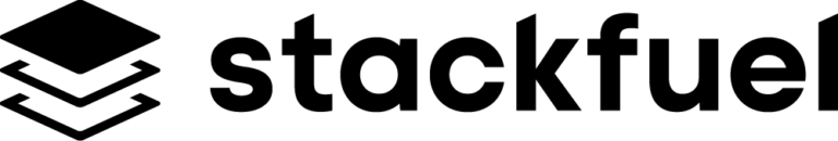 StackFuel logo with black chevron flame symbolizing growth on a white background.