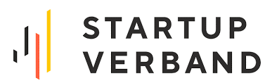 Startup association logo with ascending bar graphic symbolizing growth in orange, black, and gray.