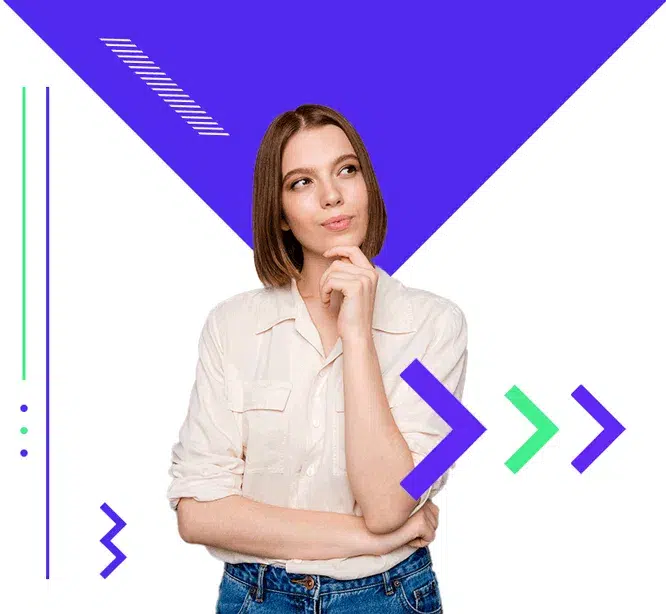 Woman in white shirt contemplates amidst blue and purple geometric shapes, exuding modern style.