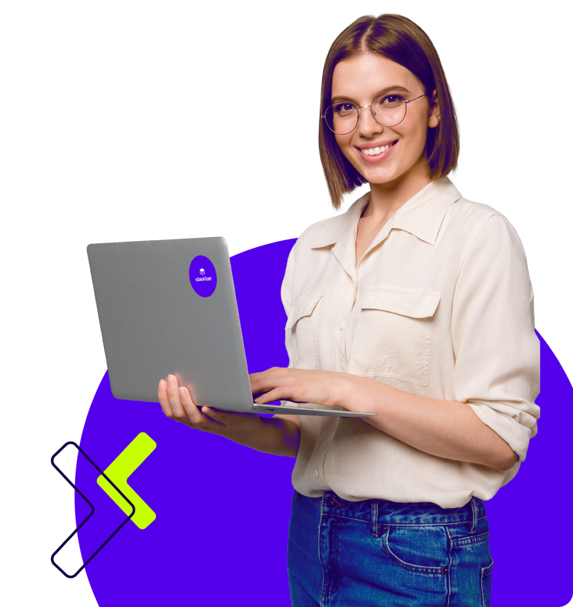 Young professional woman with laptop, smiling in casual attire against a purple background.