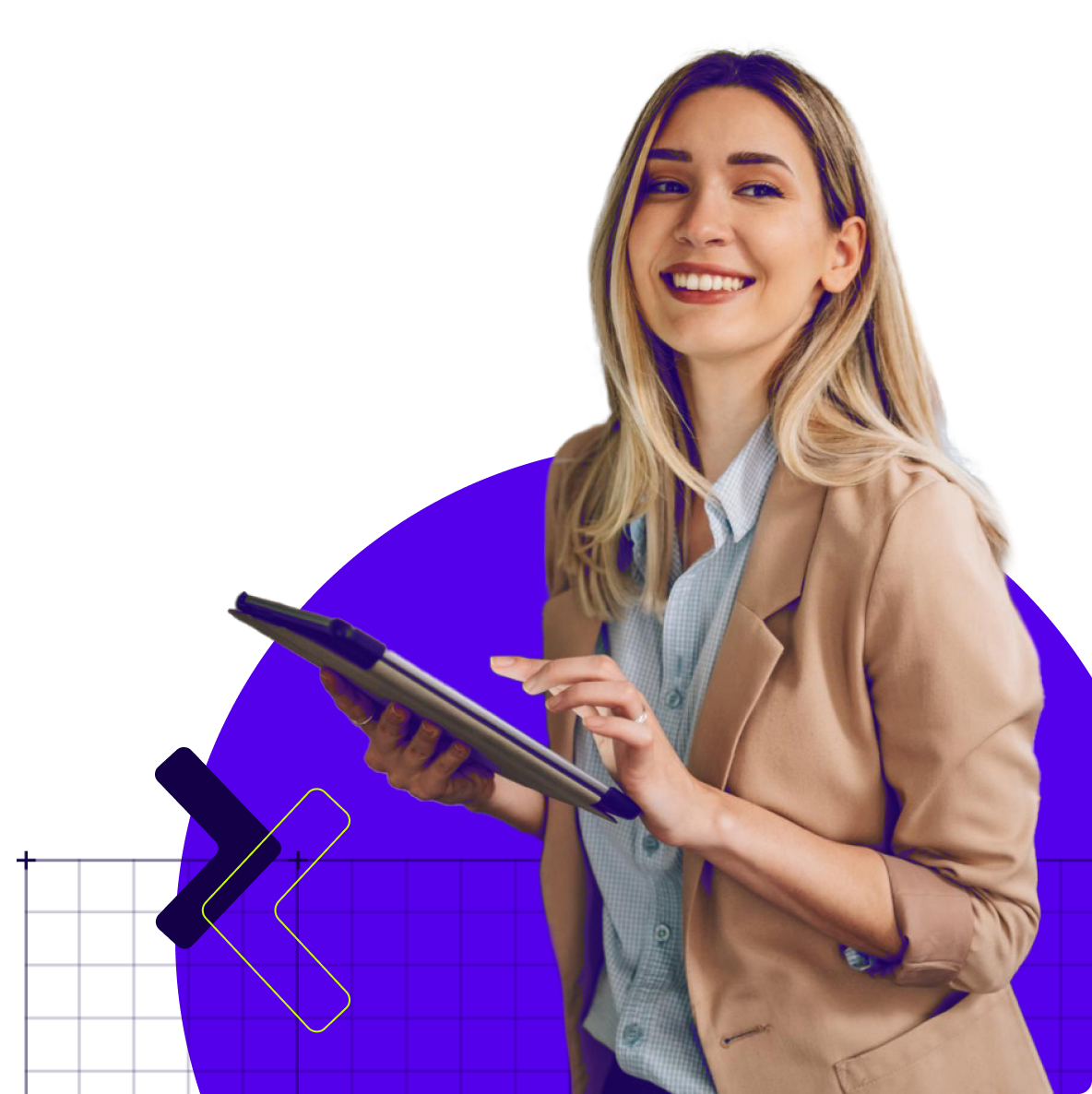 Young professional woman with tablet in a tech-savvy business setting.