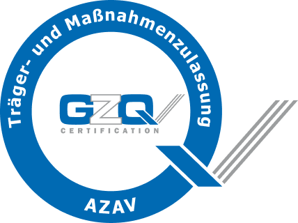 Logo der GZR-Zertifizierung mit AZAV-Kennzeichnung in Blau und Weiß.