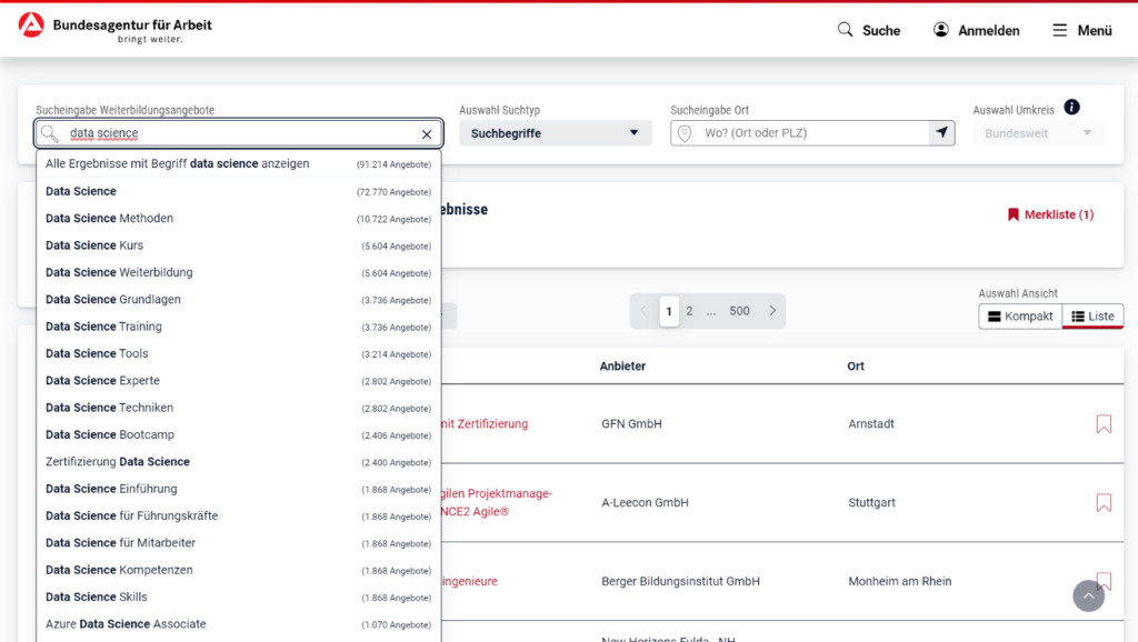 Screenshot of the Federal Employment Agency with a focus on data science training opportunities.