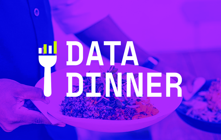 Modernes Data Dinner Event mit Salatteller, Technologie-Symbol und digitalem Networking im Trend-Design.
