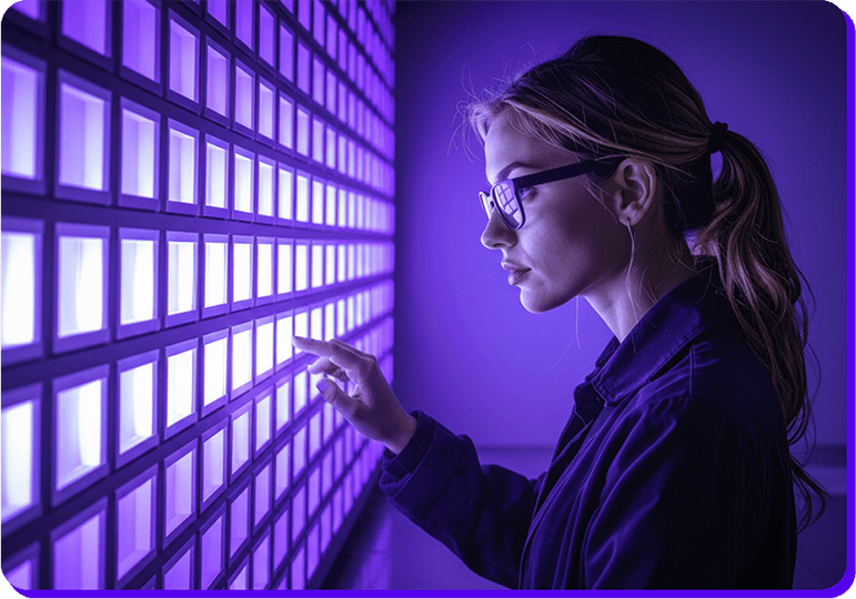 Woman interacts with AI display, technology, innovation and digitalization in modern research environment.