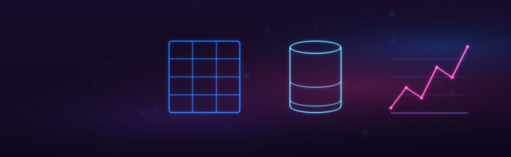 Neon-Illustration auf dunklem Violett: Tabelle, Datenbank und Kurve für den Weg zum Data Analyst über die Weiterbildung