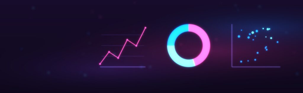 Neon illustration on a dark purple background: a rising line, a ring chart, and a scatter plot symbolizing a career change into data analysis