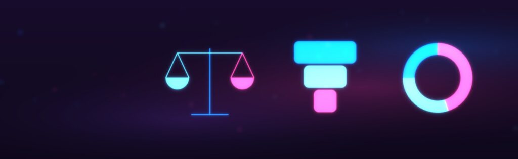Neon-Illustration auf dunklem Violett: eine Waage, ein Trichter und ein Ringdiagramm als Sinnbild für Vergleich, Auswahl und Kosten eines Data-Analyst-Bootcamps