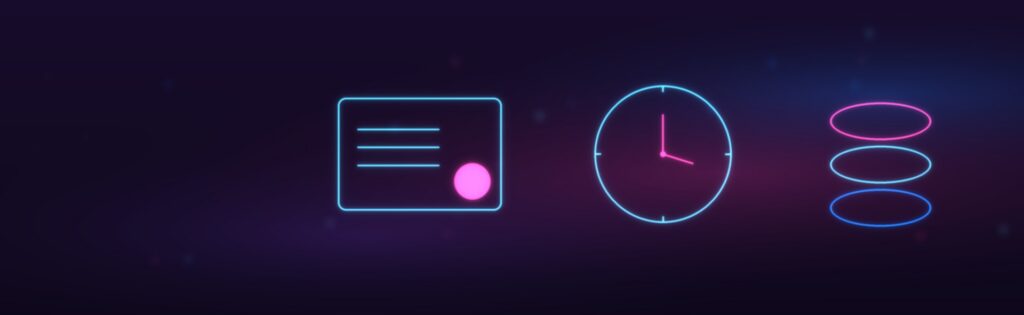 Neon illustration on a dark purple background: a certificate, a watch, and a stack of coins symbolizing completion, duration, and support for retraining