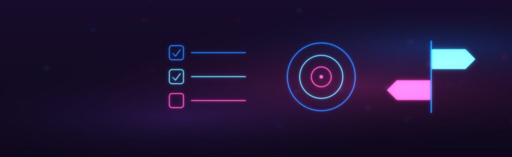 Neon illustration on a dark purple background: a checklist, a target, and a signpost symbolizing the requirements, goals, and first steps as a junior data analyst